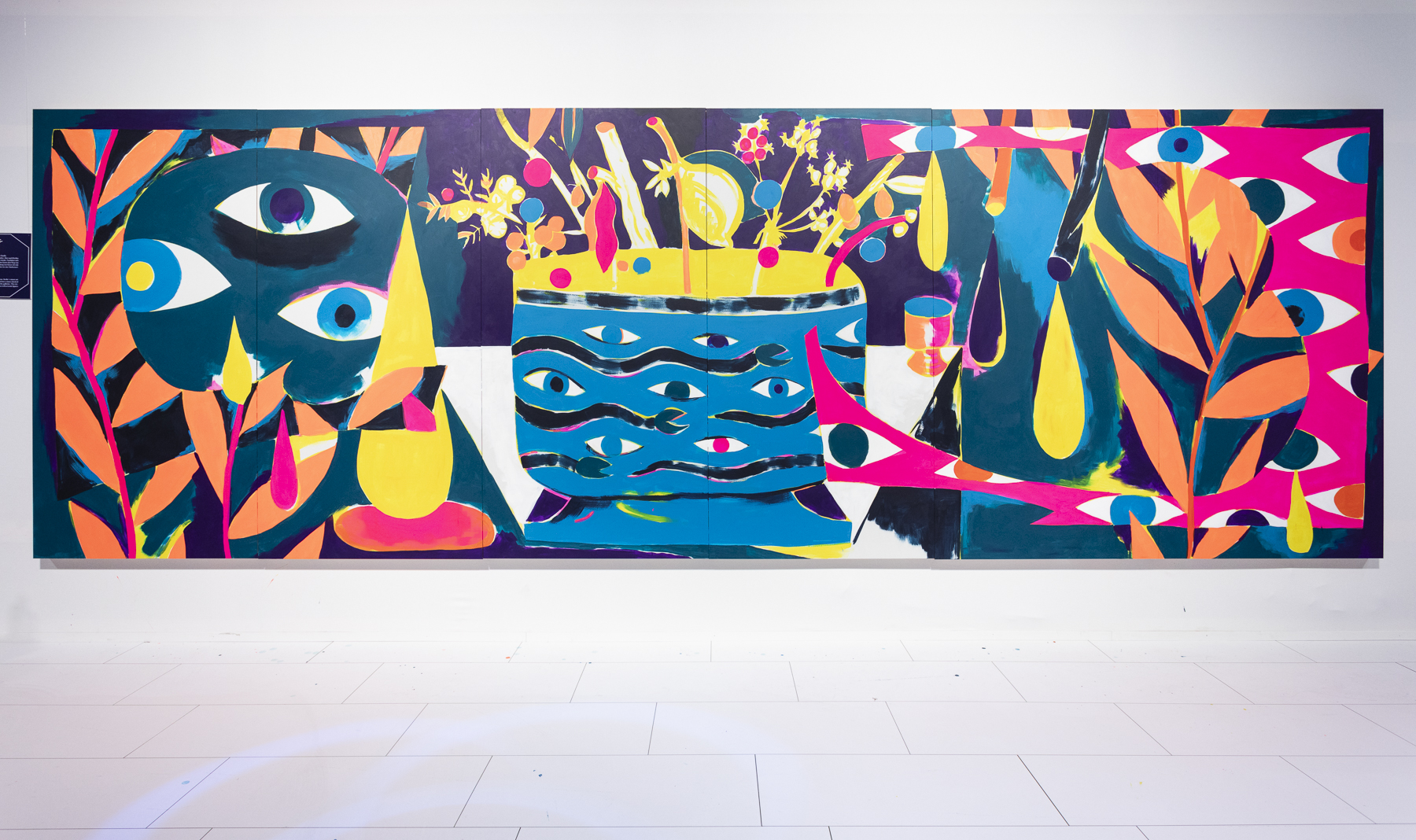 Large-scale acrylic painting 'Cheers! To A Brighter Future!' with vivid colors, eyes and botanical motifs, 6x2m, 2018